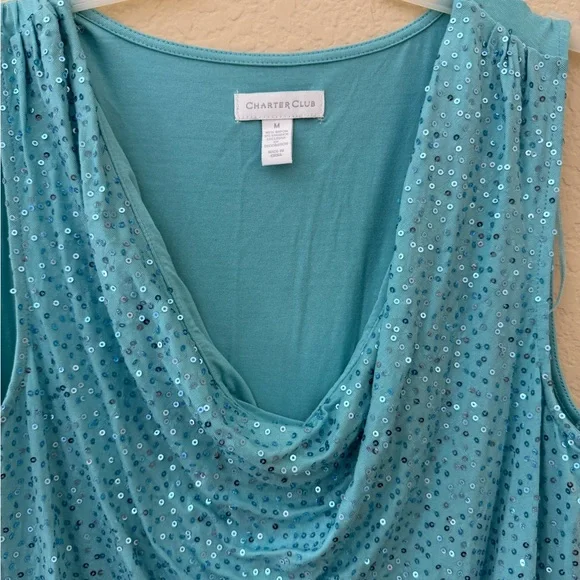 Charter Club Teal Sequin Cowl Neck Tank - Picture 3 of 3